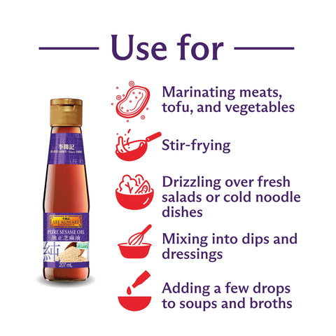 bottle of sesame oil on white background with a list of uses