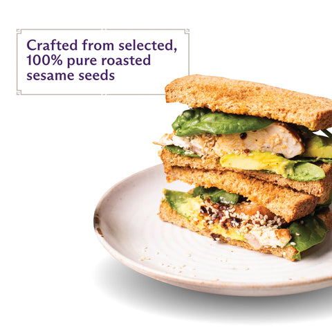 sandwich on plate and text that says 'crafted from selected, 100% pure roasted sesame seeds'