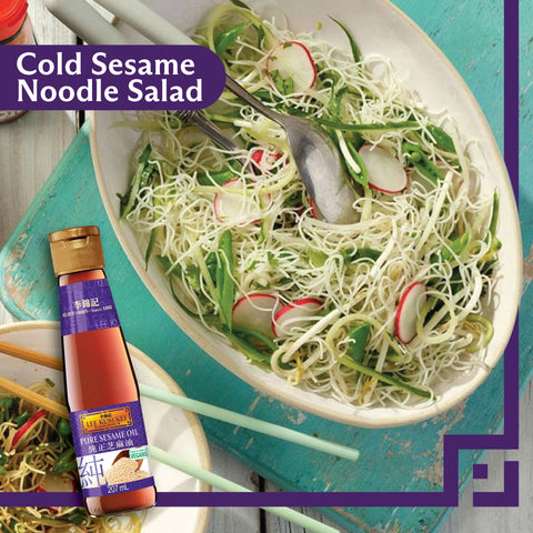 cold sesame noodle salad and bottle of pure sesame oil