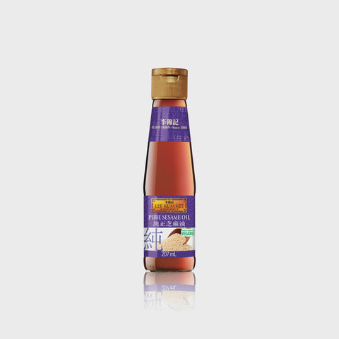 bottle of lkk sesame oil on white background with purple label