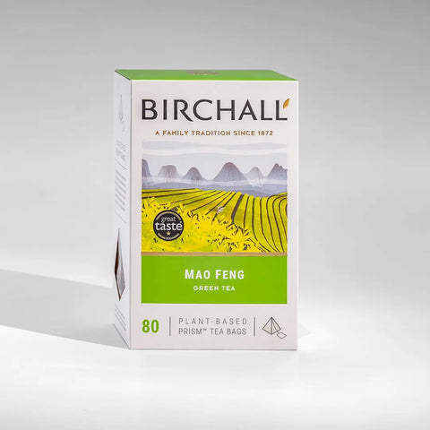 Birchall Mao Feng Green Tea packaging on a white background