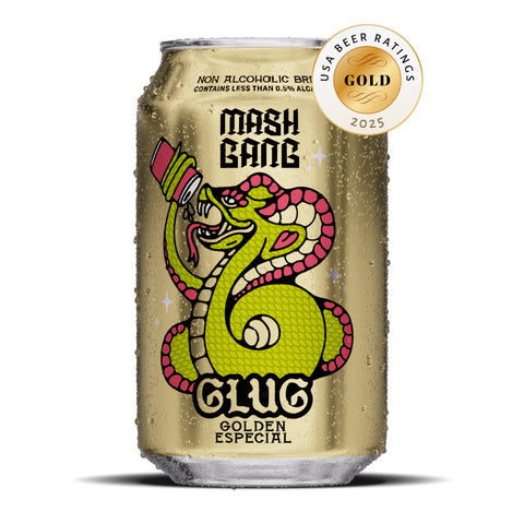 Can of mash gang alc free beer on white background with Gold award sticker