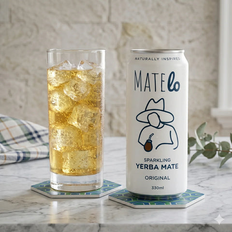 A 330ml can of Matelo Sparkling Yerba Mate Original next to a tall glass of iced golden mate on patterned coasters, set on a marble countertop with a neutral background.
