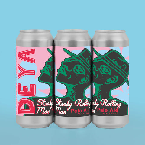 Three cans of DEYA Steady Rolling Pale Ale on a blue background