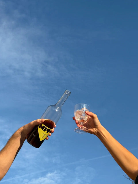 Two hands clinking a clear glass bottle with a yellow and black label and a clear drinking glass against a bright blue sky with light clouds.