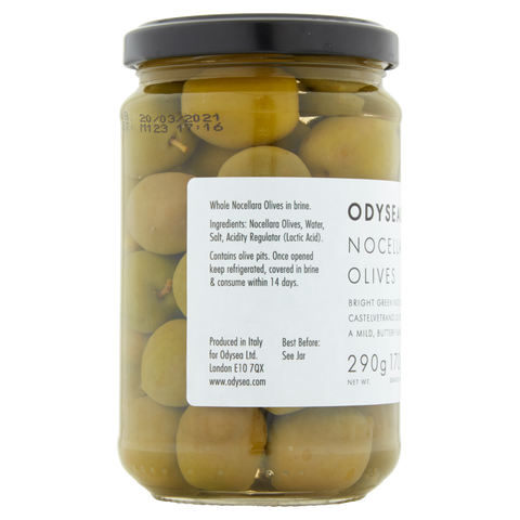 A glass jar of Odyssey No. 10 Nocellara Olives in brine, featuring whole green olives submerged in liquid with a black lid and a white product label.