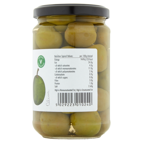 A glass jar of sliced green olives with a black lid and a white nutrition label, shown against a plain white background.