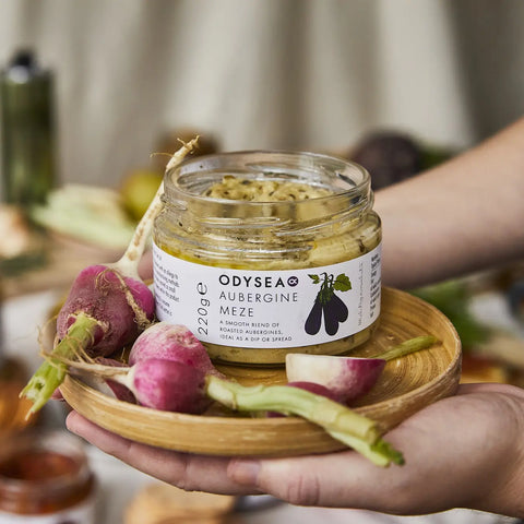 jar of meze on wooden plate