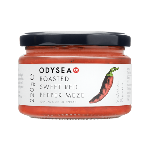 jar of roasted sweet red pepper meze on white background