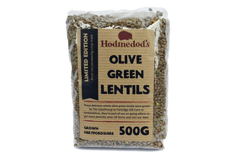 Bag of Hodmedod's Olive Green Lentils with visible text and branding on a white background