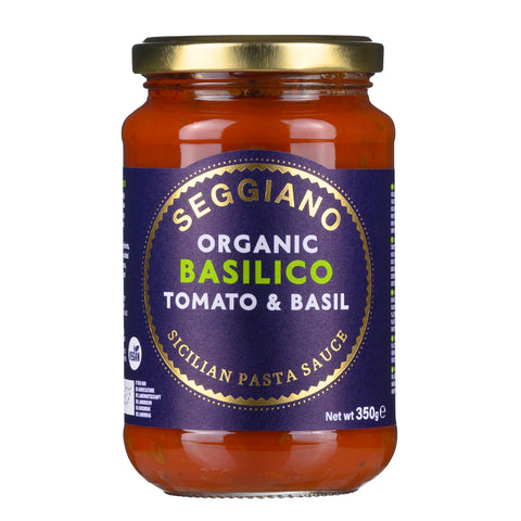 Jar of organic pasta sauce with basil
