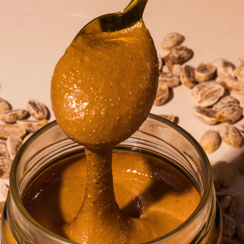 close up of peanut butter on spoon