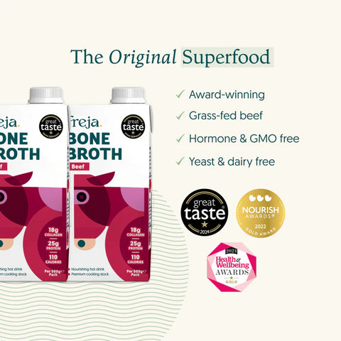 Two cartons of Oreja Bone Broth Beef displayed on a light cream background with marketing text and award badges. The packaging features a white top section and a magenta/pink lower section with a stylized cow illustration.