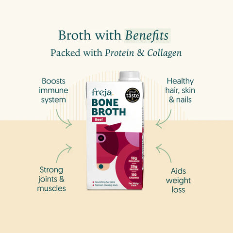 bone broth on cream and white background with benefits listed