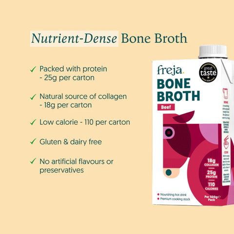 Freja Bone Broth packaging with nutritional information on a beige background