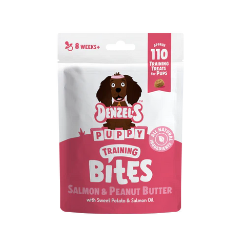 Denzel's salmon & peanut butter training bites on white background