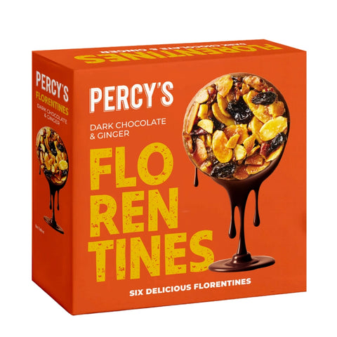 Box of Percy's Dark Chocolate ginger Florentine biscuits on white background