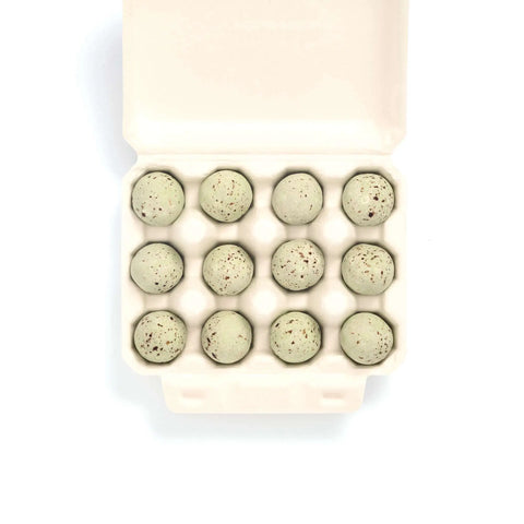 A set of 12 speckled sage green decorative eggs arranged in a white plastic egg carton, photographed from directly above on a white background.