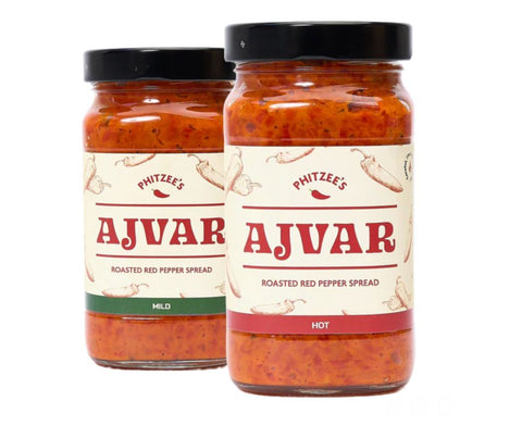 2 jars of Phitzee's ajvar, hot and mild, side by side