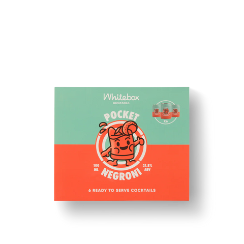 A square product box for Whitebox Cocktails' Pocket Negroni cocktail, featuring a split mint green and coral orange design with a cartoon character and product details, shown on a white background with a soft drop shadow.