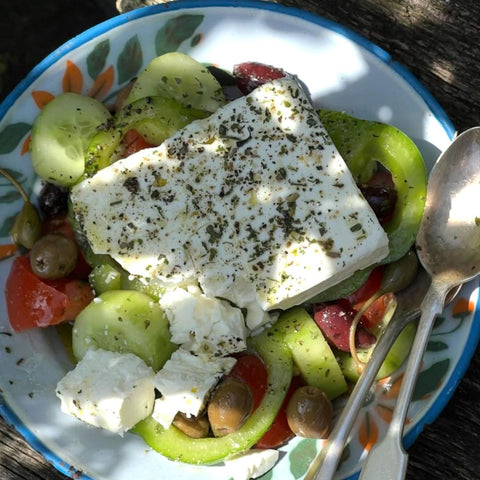 Greek salad with Odysea - Roussas Organic Feta 200g on a decorative plate