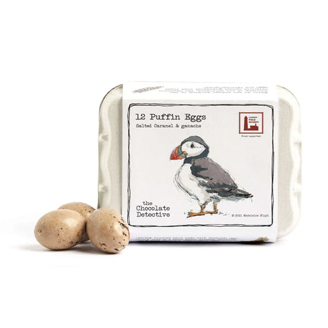 Pack of 12 Puffin Eggs with a puffin illustration on the packaging