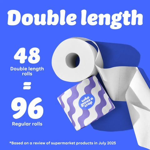 Roll of toilet paper with packaging on a blue background, highlighting double length feature.
