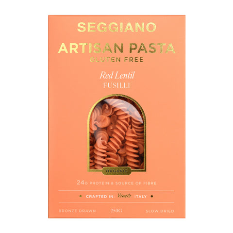 Seggiano Artisan Pasta packaging for red lentil fusilli on an orange background