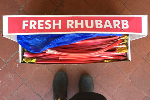 box of fresh rhubarb used to make jam