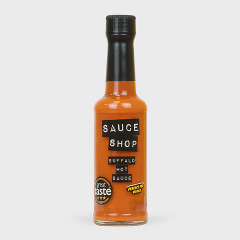 sauce shop buffalo hot sauce 160ml bottle with 3-star great taste award. tangy, spicy, and garlicky creaminess for wings, fries, tacos, and more