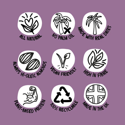 A 3x3 grid of white circular icons with black line drawings and text on a muted purple background. The icons advertise product claims such as All Natural, No Palm Oil, Made with Real Dates, Always Hi-Oleic Almonds, Vegan Friendly, High in Fibre, Plant-Based Protein, 100% Recyclable, and Made in the UK.