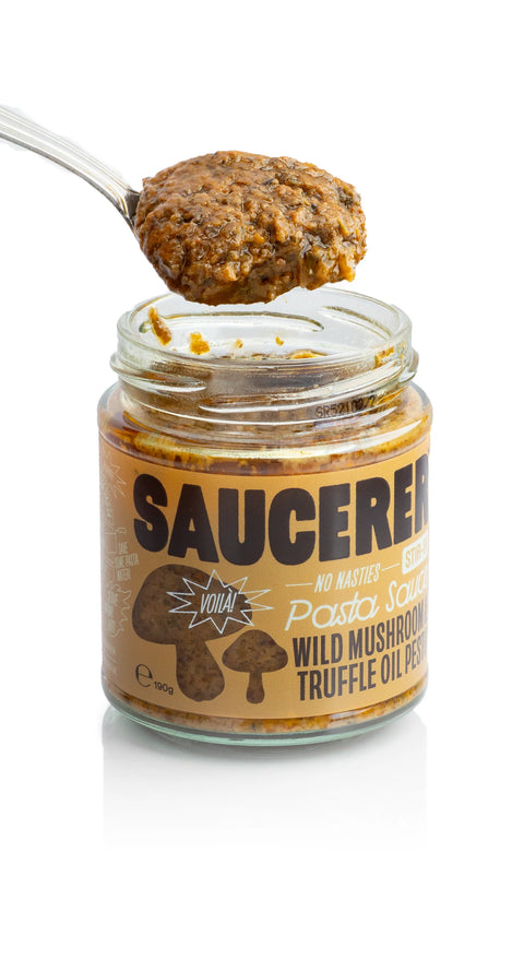 spoon of mushroom truffle pasta sauce