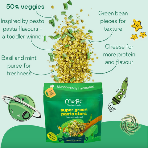 Green packaging of 'super green pasta stars' with text detailing ingredients and benefits on a light green background.
