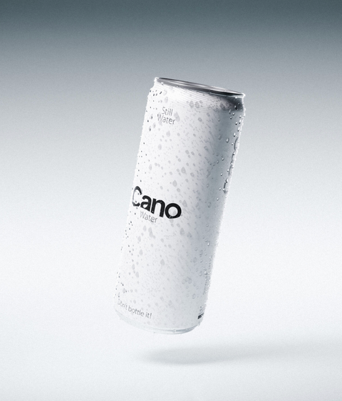 Cano water bottle with water droplets on a gray background