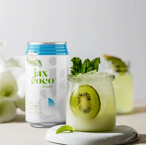 can of jax coco coconut water next to a kiwi drink