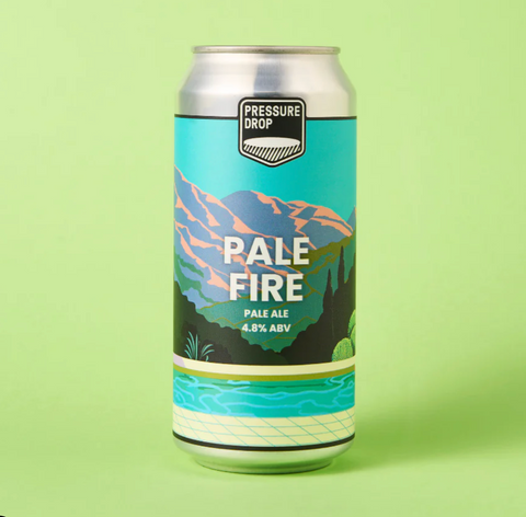 A single aluminum beer can from Pressure Drop, labeled 'Pale Fire Pale Ale 4.8% ABV', standing upright against a solid light green background.