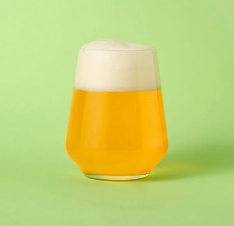 A clear stemless glass filled with golden beer and topped with a thick white foam head, centered on a light green studio background.