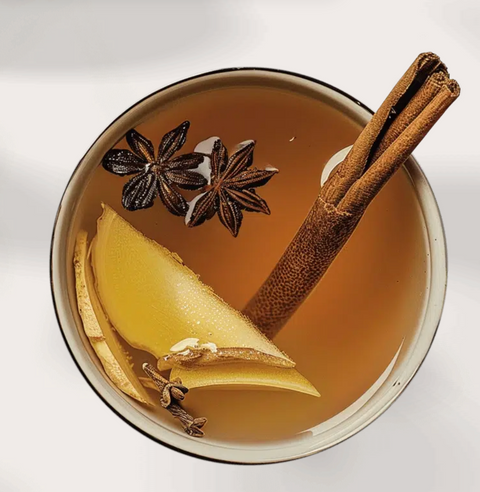 A top-down view of a clear glass cup filled with a warm amber-brown herbal tea or hot cider, garnished with a cinnamon stick, star anise, and a thick slice of ginger on a white background.