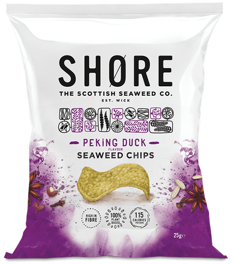 purple and white bag of shore seaweed crisps on transparent background