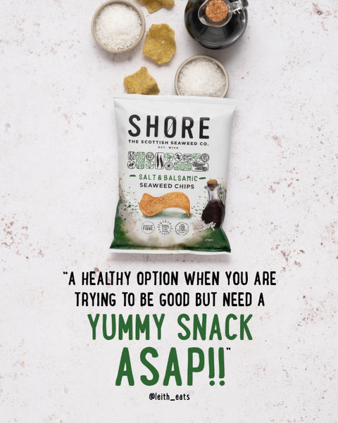 quote about healthy seaweed crisps with open bag above it