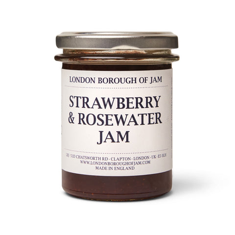 jar of london borough of jam strawberry on white bakcground