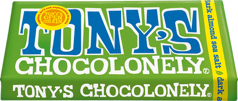bar of Tony's dark almond sea salt on white background