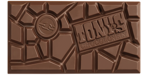 Chocolate bar with 'Tony's Chocolates' branding on a white background