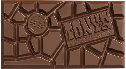A square chocolate bar with embossed geometric segments and a prominent embossed logo reading 'TONY'S CHOCOLONELY' on the right side.