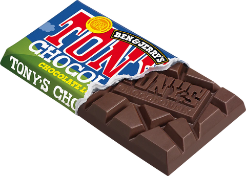 A partially unwrapped Tony's Chocolate bar with its colorful wrapper showing red, blue, and green branding, on a plain white background.