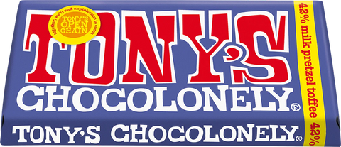 A close-up of a Tony's Chocolonely chocolate bar wrapper, showing the blue packaging with large red and white 'TONY'S CHOCOLONELY' lettering and a yellow side strip.