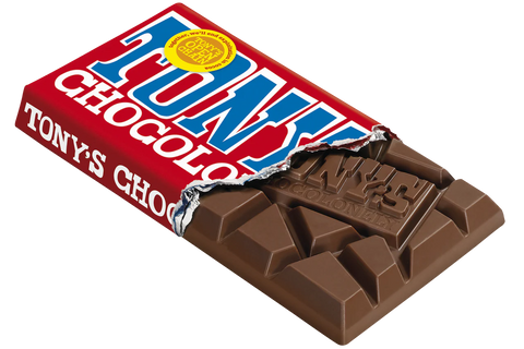 A Tony's Chocolate bar with its red and blue wrapper partially peeled back, showing the milk chocolate bar inside, on a plain white background.