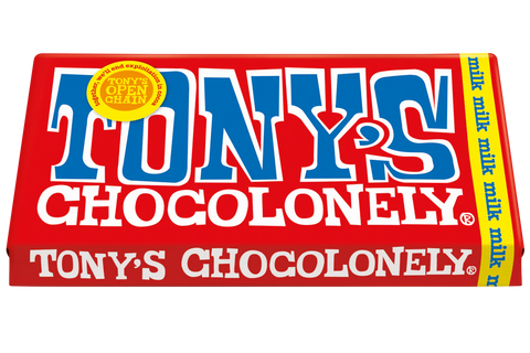 A classic red Tony's Chocolonely chocolate bar wrapper, featuring the brand name in large blue letters with white outlines and a yellow seal on the top left.
