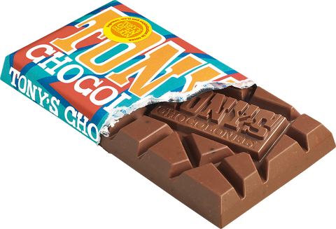 A partially unwrapped Tony's Chocolat bar, showing the rich brown chocolate bar with its colorful wrapper torn open, on a plain white background.