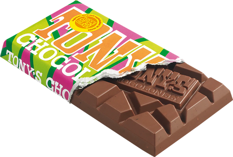 A partially unwrapped Tony's Chocolate bar with a bright, colorful wrapper featuring pink, green, orange, and white graphics, showing the dark brown chocolate bar underneath on a white background.